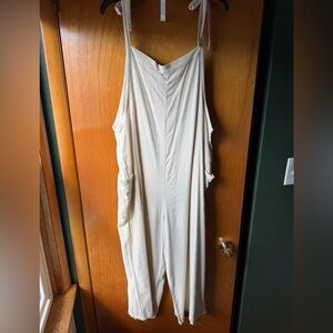 Cream Tie-Strap Wide Leg Linen Jumpsuit